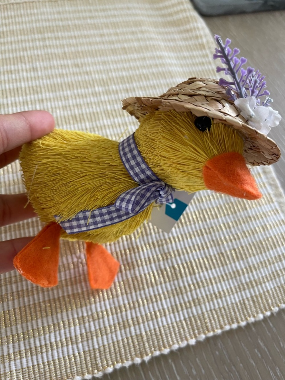 Cute Yellow Straw Duck with Hat and Gingham Ribbon